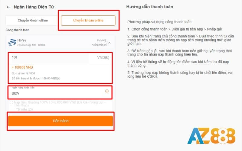 Nạp tiền bằng hình thức chuyển khoản online